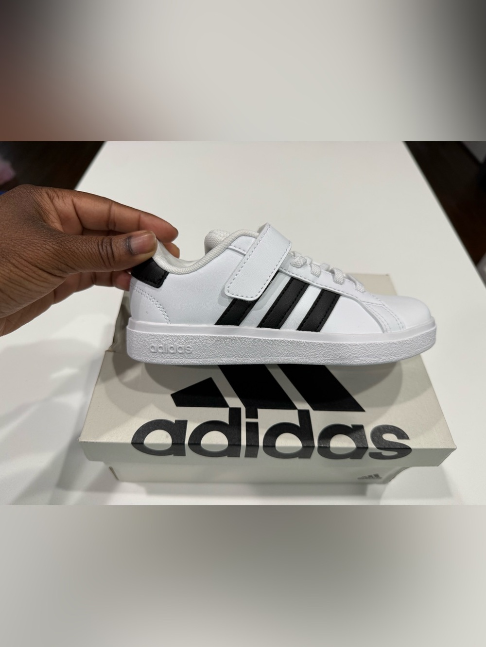 Adidas  Kids White Sneakers with Black Stripes and Hook-and-Loop